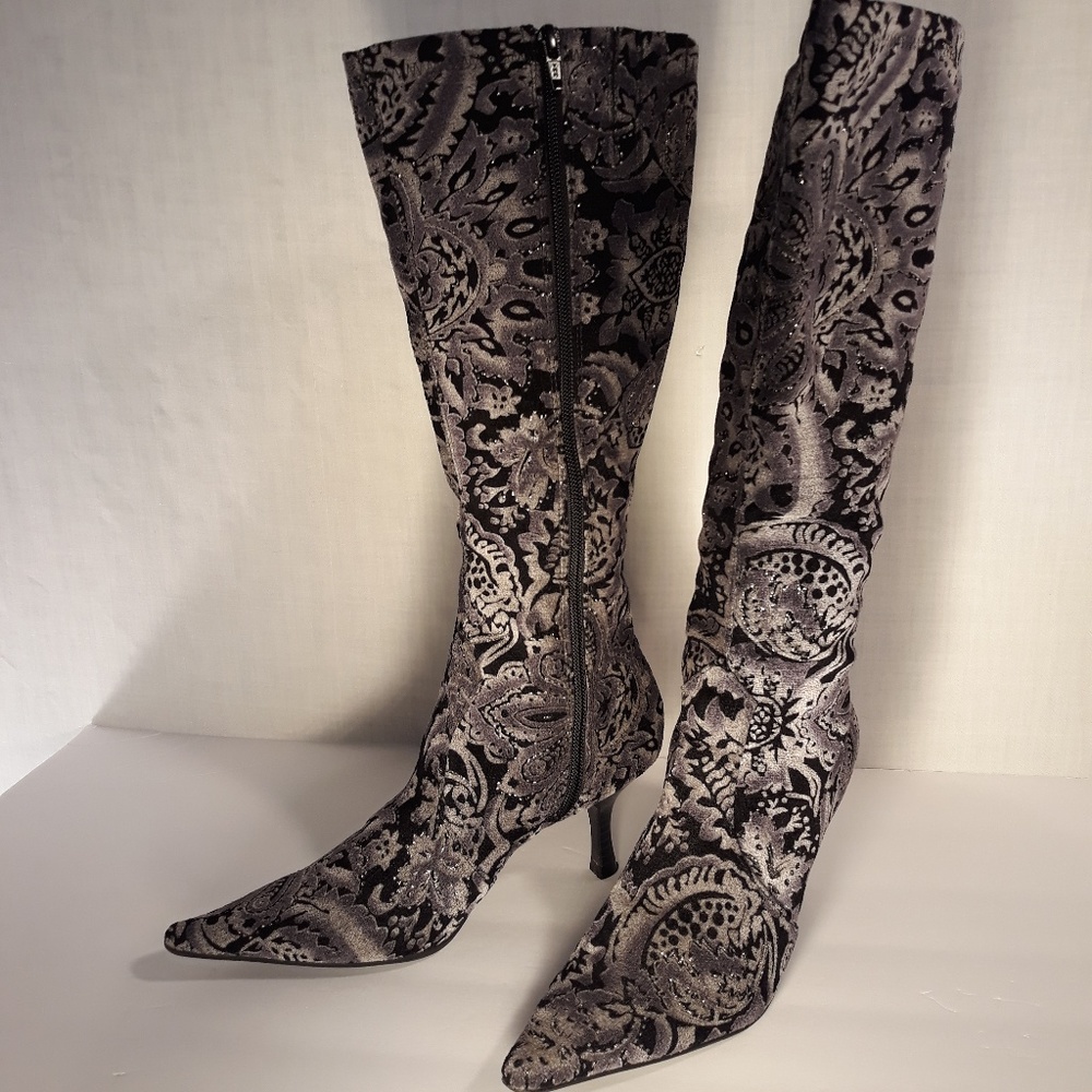 Diba Gray & Black Tapestry Heeled Boots